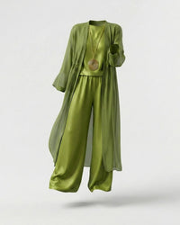 Ensemble Danna vert : pantalon large et haut fluide, cardigan ouvert