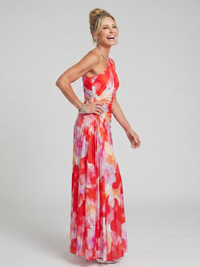 Robe midi sans manches à corsage plissé, motif floral rouge et rose, coupe fluide