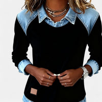 Pull à col chemise noir, col denim, poignets retroussés en denim et étiquette en cuir
