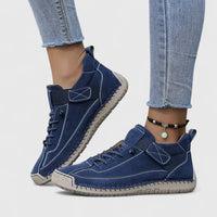Baskets orthopédiques bleu marine à lacets et sangle arrière, semelle crantée.