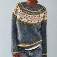 Pull rétro en maille bleu-gris à motif jacquard crème et vert olive