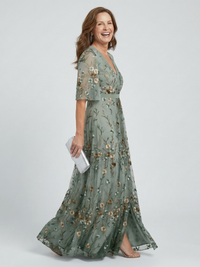 Robe longue fluide Selora vert sauge imprimée de fleurs, jupe ample, fente sur le côté