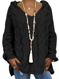 Sweat-shirt à capuche en maille torsadée noir, manches longues, col en V boutonné