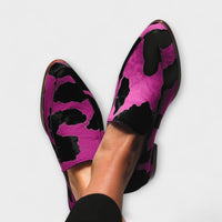 Mocassins à imprimé fuchsia et noir, bout pointu, sans lacets