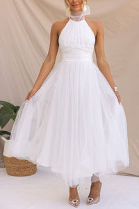 Robe chic en tulle Phoebe™, blanche, col montant, bretelles croisées, jupe en tulle