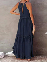 Robe longue sans manches bleu marine à volants étagés, dos nageur avec nouette