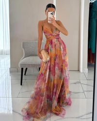 Robe longue à bretelles imprimée, multicolore orange et rose, jupe cascade