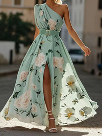 Robe longue trapèze vert clair à imprimé fleurs, une épaule, ceinture à boucle