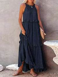 Robe Ilona dos nu à volants, bleu marine, bretelles fines et jupe à volants en étages