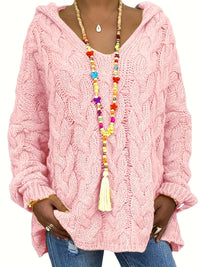 Sweat-shirt à capuche en maille torsadée rose, manches longues, col en V boutonné