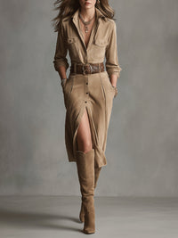 Robe élégante en daim beige, manches longues, col chemise, boutonnage et fente