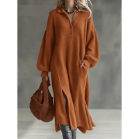 Robe pull orange boutonnée, manches bouffantes, ourlet évasé et fente