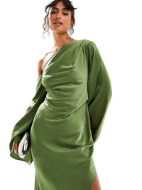Robe longue asymétrique Asyntha vert olive, drapé croisé, épaulière décalée