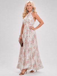 Robe midi fluide sans manches, col montant imprimé floral, taille ceinturée à fronces.