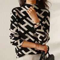 Pull à col roulé Jessy noir/blanc motifs géométriques, manches longues