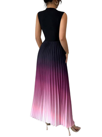 Robe de soirée sans manches, col montant, jupe plissée dégradé mauve-rose