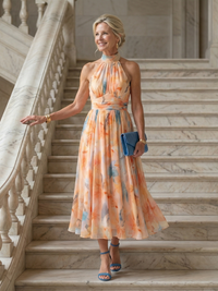 Robe midi dos nu sans manches, imprimé pêche et bleu, jupe évasée