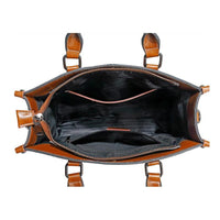 Intérieur de sac cabas en cuir brun, doublure sombre et poche zippée