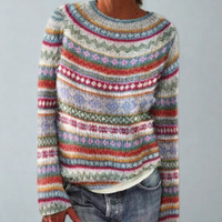 Pull rétro en maille gris clair à rayures multicolores roses et bleues