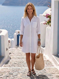 Robe-chemise blanche manches longues boutonnée, col et poche poitrine