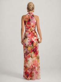Robe longue à imprimé floral, vue de dos, col montant sans manches.