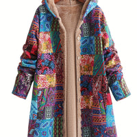 Veste imprimée bohème à capuche doublée beige, fermeture par boutons