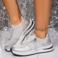 Baskets orthopédiques argent à lacets et fermeture éclair latérale, semelle épaisse blanche