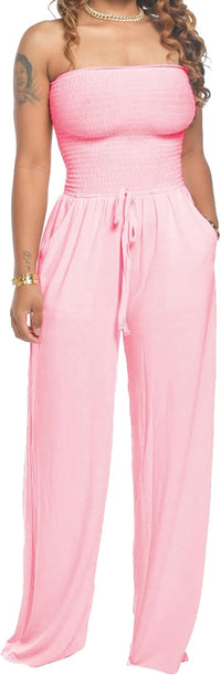 Combinaison rose sans manches, bandeau froncé et pantalon fluide à cordon