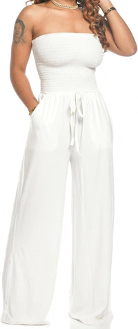 Combinaison blanche sans bretelles, buste bandeau froncé et pantalon long fluide