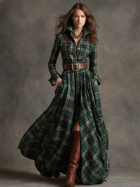Robe-chemise ceinturée à carreaux verts, manches longues, boutons, jupe ample fendue