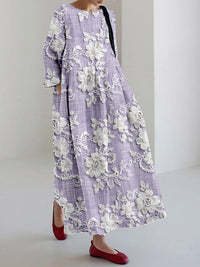 Robe longue imprimée violet à fleurs blanches, encolure ronde, manches trois-quarts