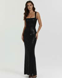 Robe longue noire pailletée, bretelles fines, coupe ajustée, allure scintillante