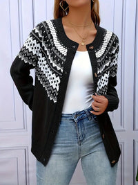 Cardigan noir à motif géométrique blanc, encolure V boutonnée, coupe ouverte