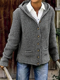 Cardigan à capuche gris foncé à boutons, manches longues, poches plaquées