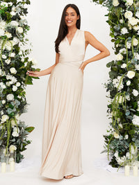 Robe longue champagne sans manches, décolleté en V, ceinture drapée à la taille