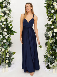 Robe longue bleu marine sans manches, décolleté en V, drapé à la taille et jupe plissée