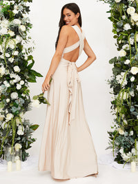 Robe longue champagne vue de dos, fines bretelles croisées et drapé à la taille