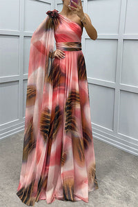 Robe longue en mousseline imprimée Lilliagirl rose et brun, col droit, ceinture, manches courtes.