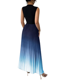 Robe de soirée sans manches, col montant, jupe plissée dégradé bleu du foncé au clair