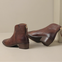 Bottes élégantes marron en cuir, talon épais et fermeture éclair