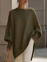 Pull en mélange Evelyne vert olive, col rond et manches chauve-souris, bord côtelé