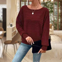 Pull texturé bordeaux à manches longues, encolure ronde côtelée