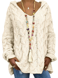 Sweat-shirt à capuche en maille torsadée beige écru, manches longues, col en V boutonné