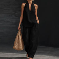 Ensemble en lin noir texturé : haut col V sans manches et pantalon ample fluide.