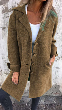Blazer long kaki à boutons, col cranté, manches longues, coupe droite