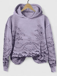 Sweat à capuche violet en molleton, appliqués floraux et bas dentelé