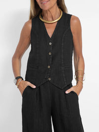 Ensemble gilet boutonné sans manches foncé, col V, boutons, poches et pantalon ample