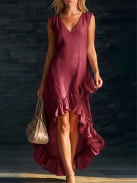Robe bohème courte Sienna bordeaux à volants, encolure V, sans manches