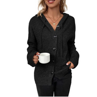 Cardigan chaud à capuche gris foncé, boutons noirs, manches longues