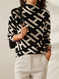 Pull à col roulé Jessy motifs géométriques noir et blanc, manches longues